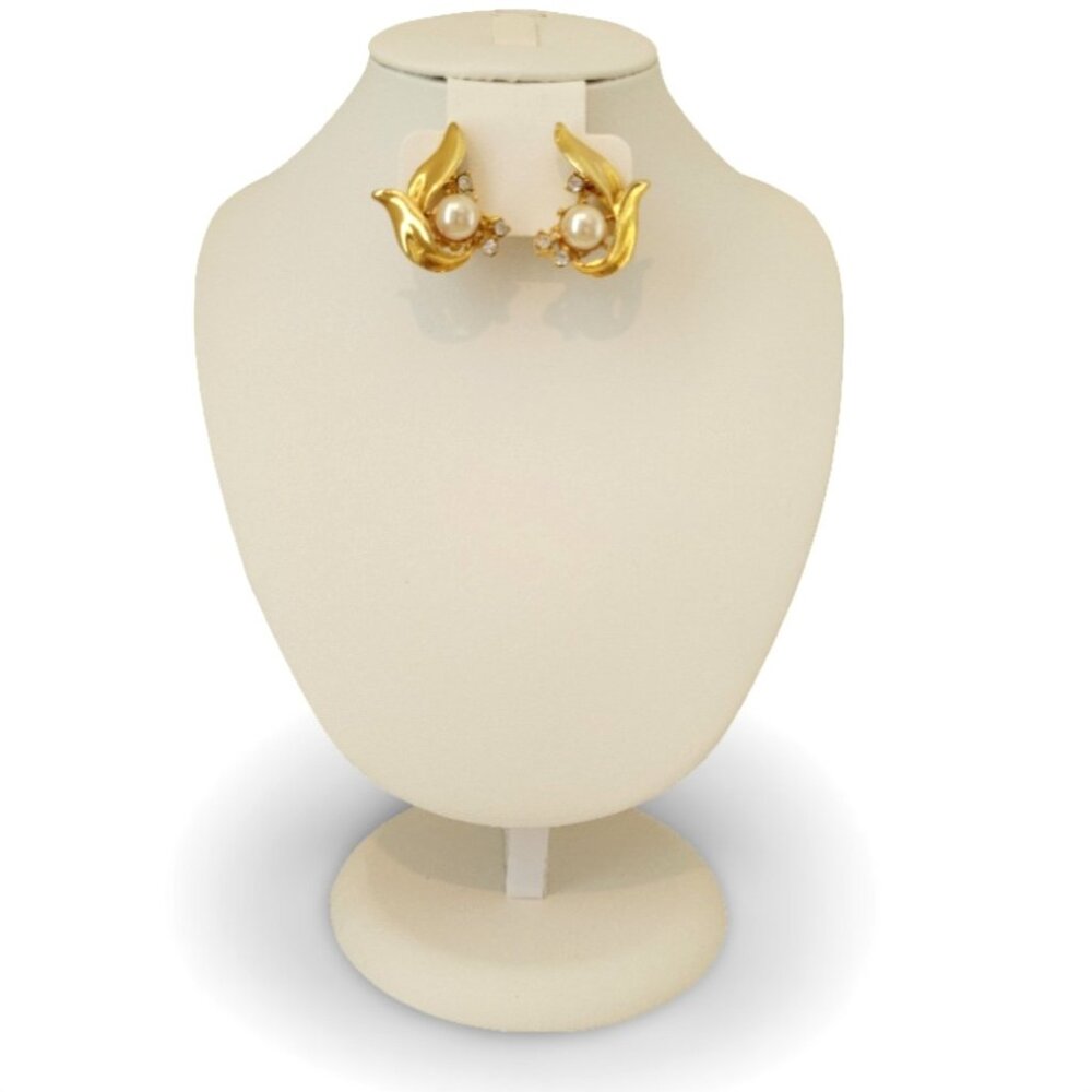 Retro Revival: 1990s Gold Leaf Clip Earrings with Pearls & Sparkle